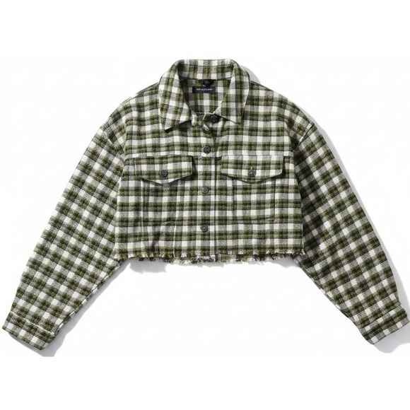 BDG Tops - NWT BDG Womens Cropped Button Down Shirt Large Green Plaid Heavy Flannel Shacket